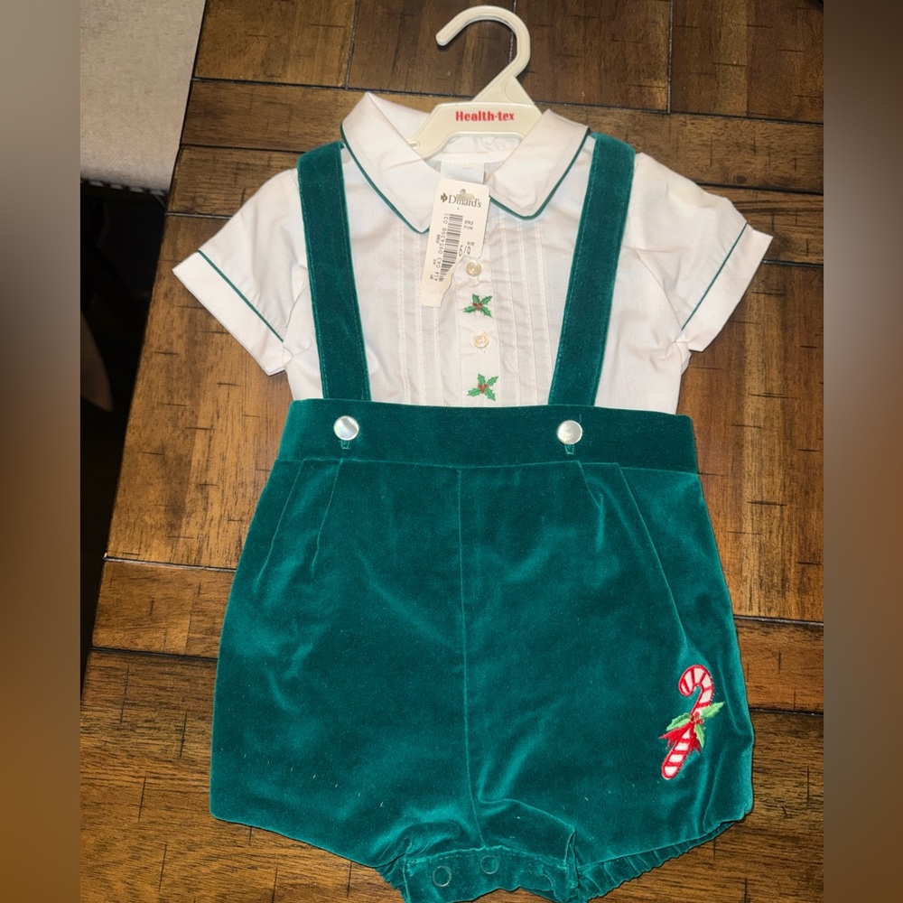 Vintage Healthtex green Christmas Overalls with Candy Cane Accent NWT 6-9 mo